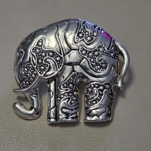 Vintage M‎ J MARIE JENNIFER Signed Silver Tone Elephant Pendant Brooch AS IS